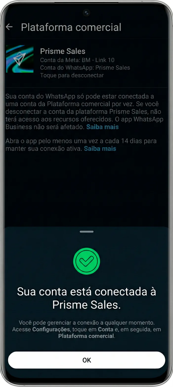App da Prisme com WhatsApp em modo Coexistence no celular
